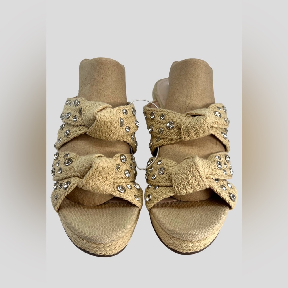 Schutz Enire Crystal Fabric Slide‎ Sandals Size 10.5 Tan Rope Wrapped Wedge